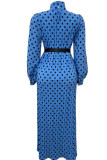 Blue Casual Elegant Print Polka Dot Split Joint Half A Turtleneck Straight Dresses
