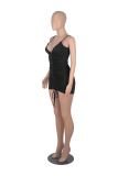 Coffee Sexy Solid Draw String Spaghetti Strap Pencil Skirt Dresses