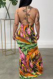 Multicolor Fashion Sexy Print Backless Spaghetti Strap Long Dress