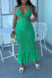 Green Fashion Casual Vacation Solid Hollowed Out V Neck Trumpet Mermaid Dresses