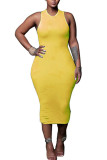Yellow Fashion adult Ma'am Sweet Tank Sleeveless O neck Hip skirt Mid-Calf Solid Draped backless Dresses