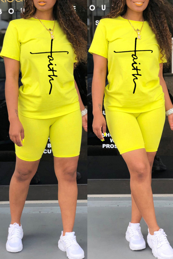 Yellow Fashion Casual Print Basic O Neck Short Sleeve Two Pieces
