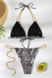 Multicolor Fashion Sexy Print Bandage Patchwork Chains Backless Swimwears