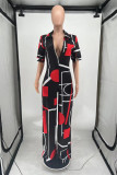 Deep Blue Fashion Casual Print Basic V Neck Regular Jumpsuits