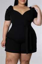 Black Fashion Casual Solid Hollowed Out V Neck Plus Size Romper