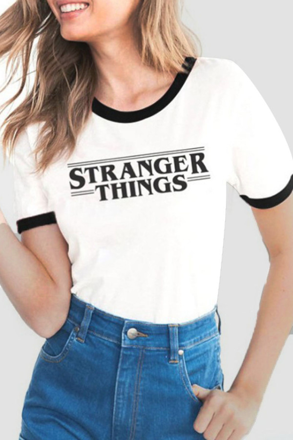 Black Casual Print Patchwork O Neck T-Shirts