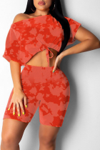 Tangerine Red Casual Print Split Joint One Shoulder Short Sleeve Two Pieces