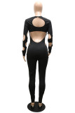 Red Fashion Sexy Solid Hollowed Out O Neck Skinny Jumpsuits