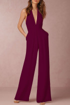 Burgundy Simplicity Solid Split Joint Backless Halter Straight Jumpsuits