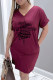 Burgundy Fashion Casual Print Letter V Neck Straight Dresses