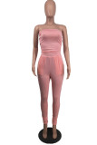 Pink Sexy Casual Solid Backless Fold Strapless Skinny Jumpsuits