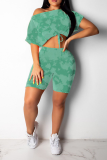 Light Green Casual Print Patchwork One Shoulder Short Sleeve Two Pieces