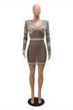 Grey Fashion Sexy Patchwork Hot Drilling See-through Beading V Neck Long Sleeve Dresses