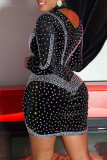 Black Fashion Sexy Patchwork Hot Drilling See-through Asymmetrical Turtleneck Long Sleeve Dresses