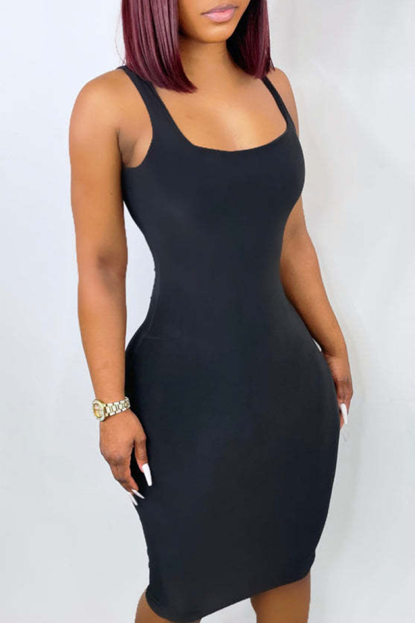 Black Sexy Casual Solid Basic Square Collar Vest Dress