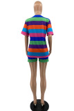 Multicolor Fashion Casual Striped Print Basic O Neck Short Sleeve Two Pieces