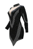 Black Fashion Sexy Patchwork Hot Drilling See-through Asymmetrical Turtleneck Long Sleeve Dresses
