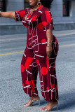 Deep Blue Fashion Casual Print Basic V Neck Regular Jumpsuits