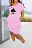 Pink Casual Print Patchwork V Neck Straight Dresses