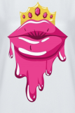 White Fashion Casual Lips Printed Patchwork O Neck Tops