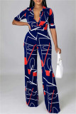 Deep Blue Fashion Casual Print Basic V Neck Regular Jumpsuits
