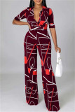 Deep Blue Fashion Casual Print Basic V Neck Regular Jumpsuits