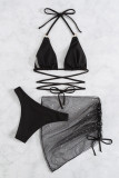 Black Fashion Sexy Solid Backless Strap Design Swimwear Three-piece Set