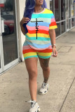 Multicolor Fashion Casual Striped Print Basic O Neck Short Sleeve Two Pieces