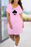 Pink Casual Print Patchwork V Neck Straight Dresses