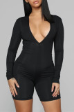 Black Fashion Solid Basic V Neck Long Sleeves Skinny Romper