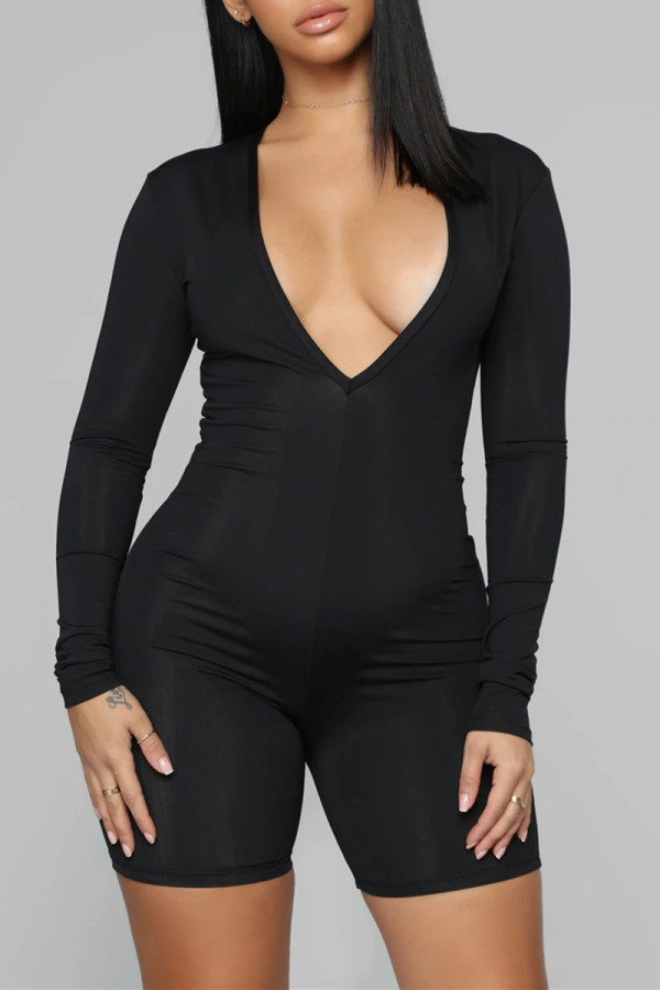 Black Fashion Solid Basic V Neck Long Sleeves Skinny Romper