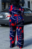 Deep Blue Fashion Casual Print Basic V Neck Regular Jumpsuits