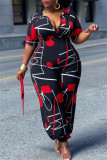 Deep Blue Fashion Casual Print Basic V Neck Regular Jumpsuits