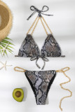 Multicolor Fashion Sexy Print Bandage Patchwork Chains Backless Swimwears