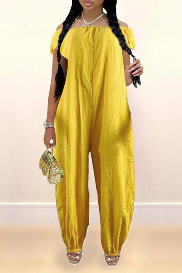 Yellow Casual Solid Patchwork Off the Shoulder Harlan Jumpsuits