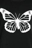 Black Fashion Street Butterfly Print Patchwork O Neck Tops