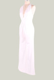 White Simplicity Solid Split Joint Backless Halter Straight Jumpsuits