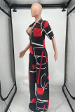 Deep Blue Fashion Casual Print Basic V Neck Regular Jumpsuits