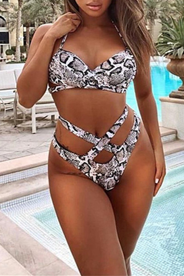Multicolor Fashion Sexy Print Hollowed Out Backless Swimwears