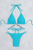Lake Blue Fashion Sexy Solid Patchwork Backless Strap Design Swimwears Three-piece Set