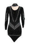 Black Fashion Sexy Patchwork Hot Drilling See-through Asymmetrical Turtleneck Long Sleeve Dresses