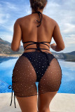 Black Fashion Sexy Solid Backless Strap Design Swimwear Three-piece Set