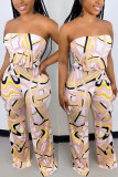 Pink Fashion Casual Mixed Printing Strapless Straight Jumpsuits