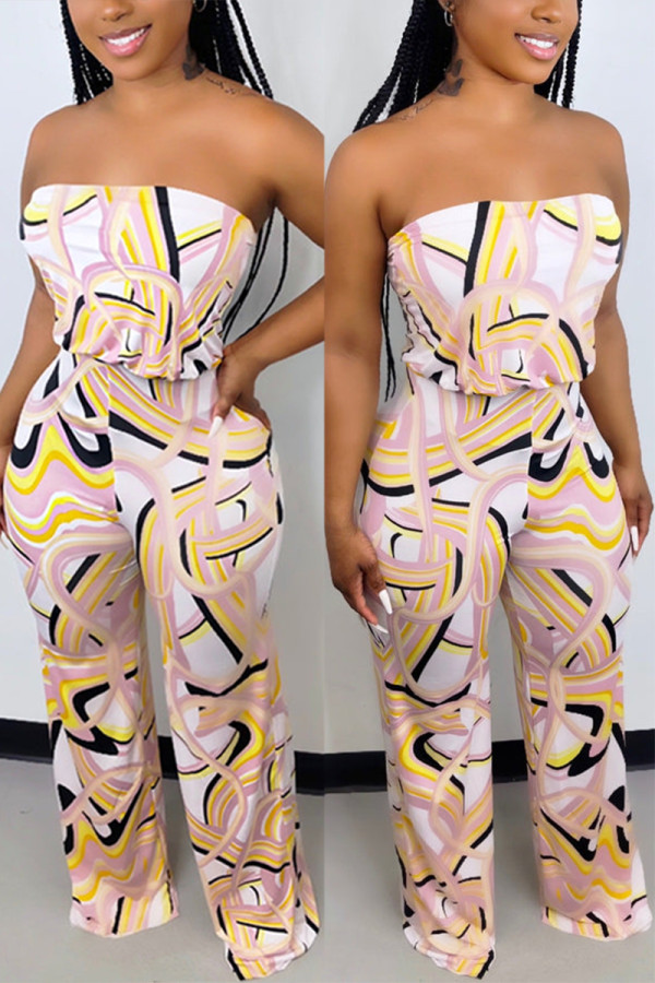 Pink Fashion Casual Mixed Printing Strapless Straight Jumpsuits