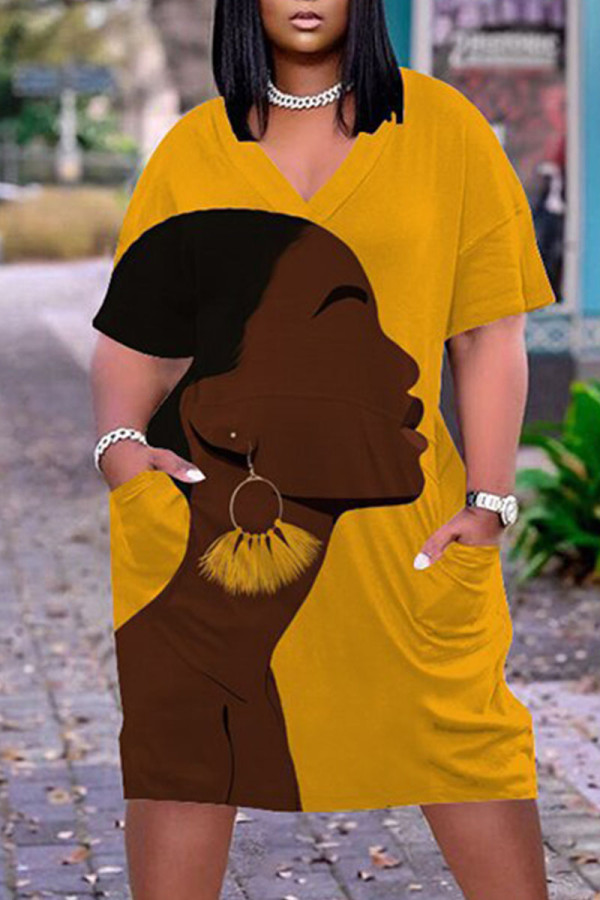Yellow Casual Street Print Patchwork V Neck Straight Dresses