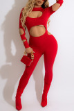 Red Fashion Sexy Solid Hollowed Out O Neck Skinny Jumpsuits