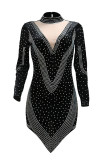 Black Fashion Sexy Patchwork Hot Drilling See-through Asymmetrical Turtleneck Long Sleeve Dresses