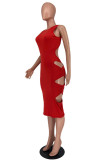 Red Sexy Casual Solid Hollowed Out Backless O Neck Sleeveless Dress