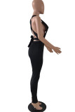 Pink Sexy Casual Solid Bandage Backless V Neck Skinny Jumpsuits