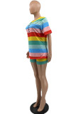Multicolor Fashion Casual Striped Print Basic O Neck Short Sleeve Two Pieces